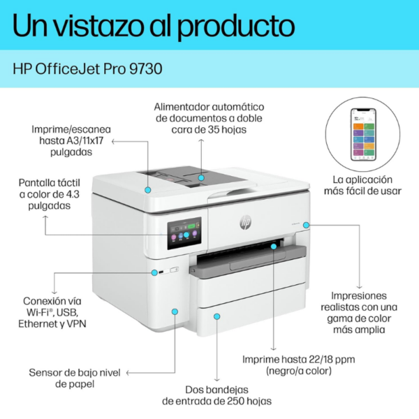 IMPRESORA MULTIFUNCIONAL HP OFFICEJET PRO 9730, A COLOR, INALÁMBRICO, A3, BLANCA - Image 6